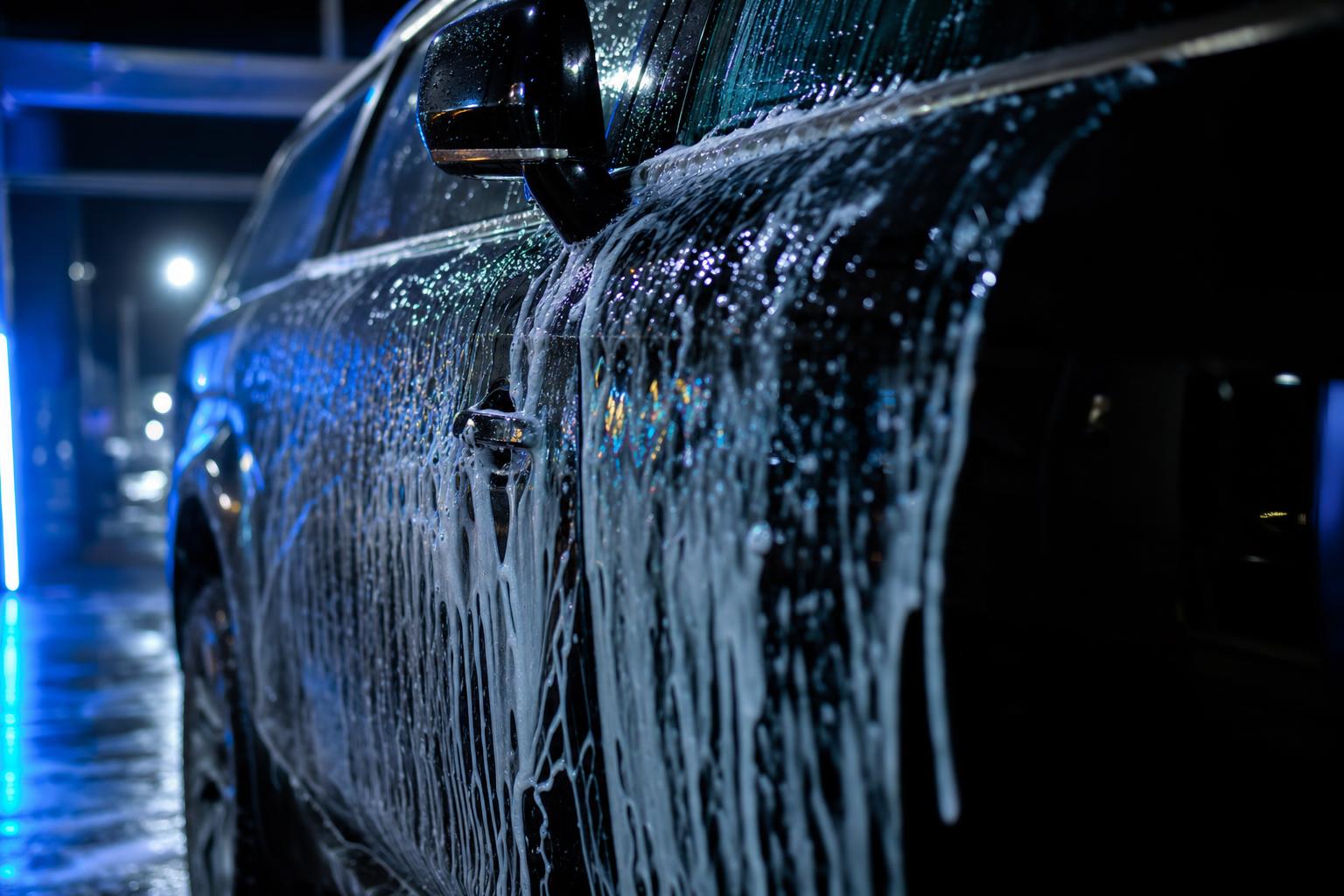 Foam and water cascading down the side of a black SUV under cobalt tunnel lighting